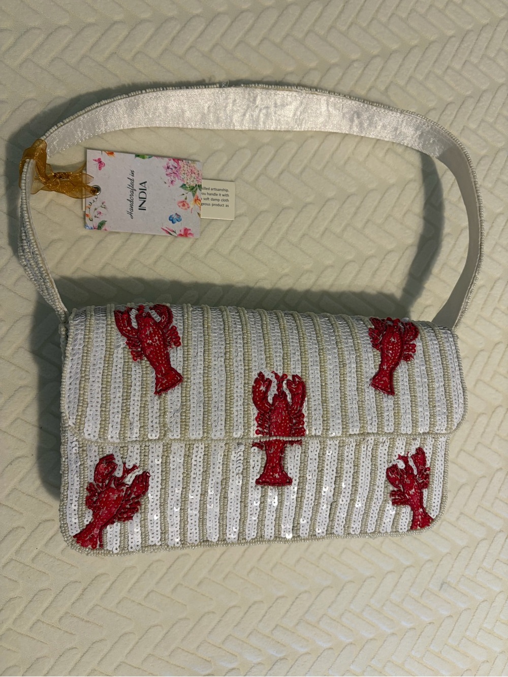Handcrafted White Beaded Shoulder Bag with Red Lobster Embroidery